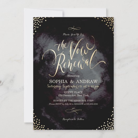 Invitation Glam noir or calligraphie voeu renouvellement (Devant)