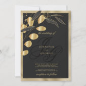 Invitation Glam noir or monogramme initiales mariage floral (Devant)