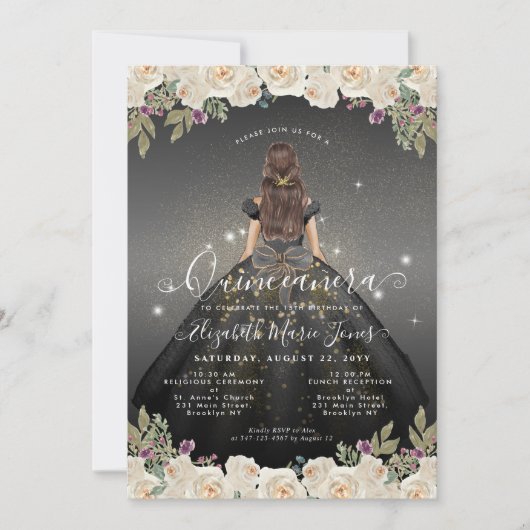 Invitation Glam or blanc noir floral Princesse Quinceanera (Devant)