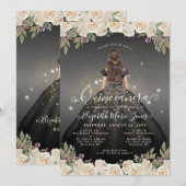Invitation Glam or blanc noir floral Princesse Quinceanera (Devant / Derrière)