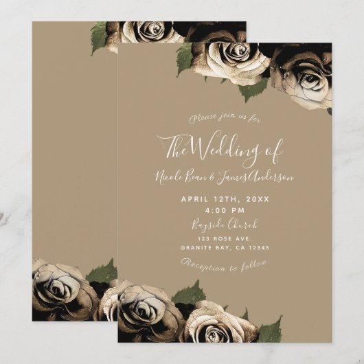 Invitation Glam Or Floral Roses Élégant Tan Mariage (Devant / Derrière)