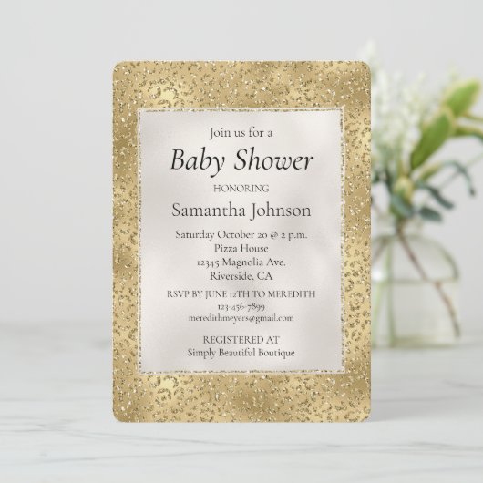Invitation Glam or Glitzy Parties scintillant Baby shower léo (Debout devant)