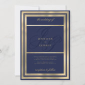 Invitation Glam or marine bleu monogramme initiales mariage (Devant)