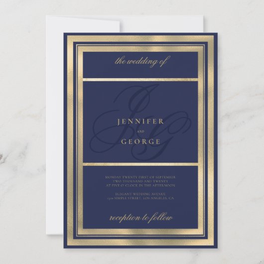 Invitation Glam or marine bleu monogramme initiales mariage (Devant)