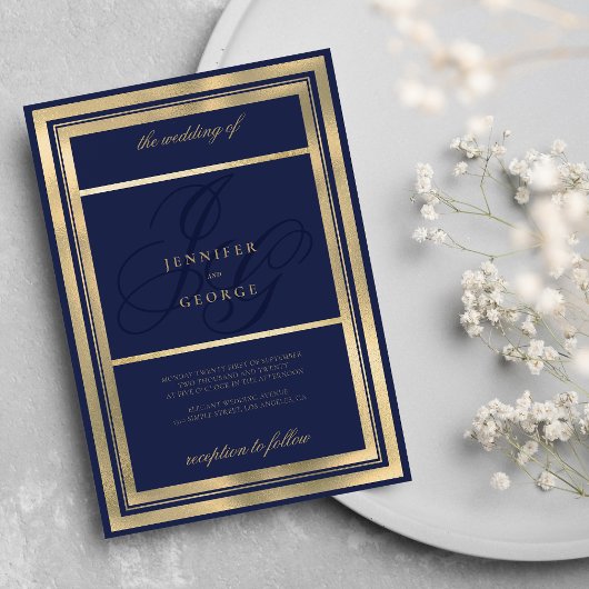 Invitation Glam or marine bleu monogramme initiales mariage