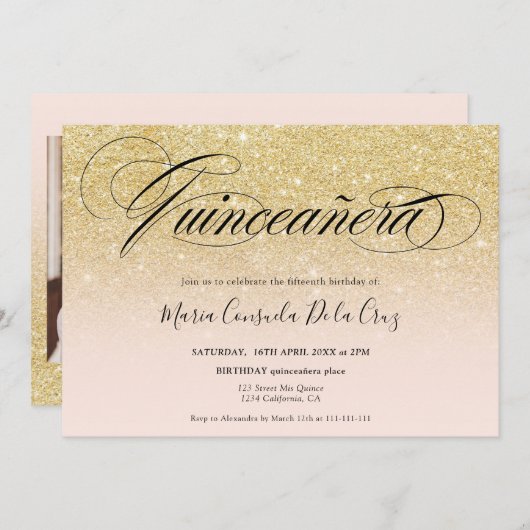 Invitation Glam or parties scintillant sombre script rose qui (Devant / Derrière)