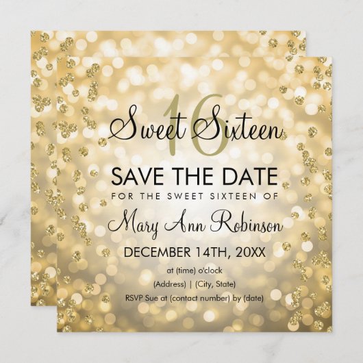 Invitation Glam Or Sweet 16 Seize feux de Parties scintillant (Devant / Derrière)