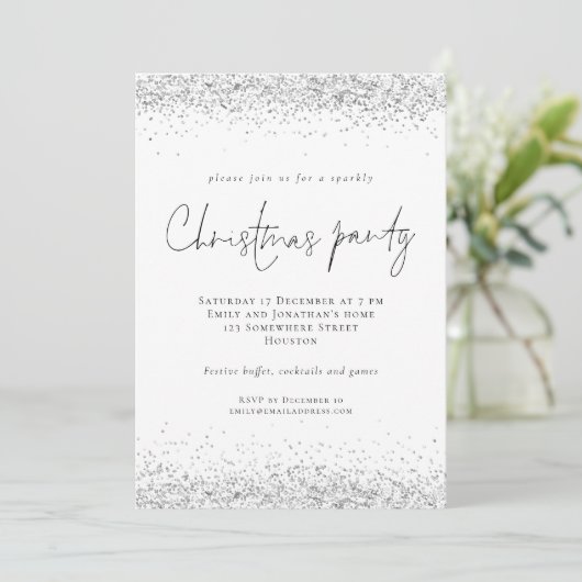 Invitation Glam Parties scintillant en argent Script fête de  (Debout devant)