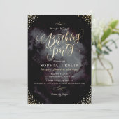 Invitation Glam parties scintillant en or noir calligraphie f (Debout devant)