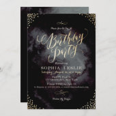 Invitation Glam parties scintillant en or noir calligraphie f (Devant / Derrière)