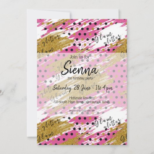 Invitation Glam parties scintillant or rose (Devant)