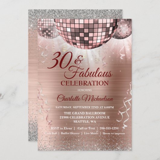 Invitation Glam Parties scintillant or rose 30e anniversaire (Devant / Derrière)