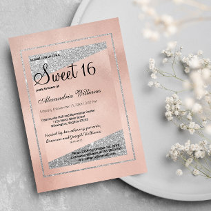 Invitation Glam Pastel Rose Rose Or Parties scintillant argen
