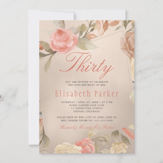 Invitation Glam Peach Gold Floral 30e fête d'anniversaire (Devant)