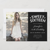 Invitation Glam Photo Silver Black Balloons Sweet 16 (Devant)