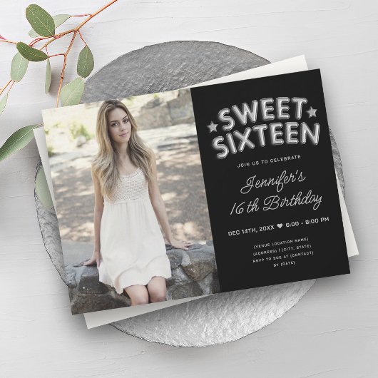 Invitation Glam Photo Silver Black Balloons Sweet 16
