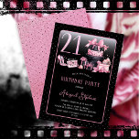 Invitation Glam Pink Black Fashion 21ème anniversaire<br><div class="desc">Glamour français d'inspiration couture, rose et noir "21" design de 21ème anniversaire avec un gâteau boîte casquette, stilettos roses et un sac de maquillage parmi divers cadeaux d'anniversaire non ouverts et de luscious cupcakes. Parfait pour célébrer des anniversaires. Age est créé dans une police de parties scintillant fausse rose inmodifiable....</div>