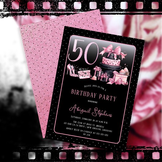 Invitation Glam Pink Black Fashion 50e fête d'anniversaire