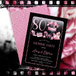 Invitation Glam Pink Black Fashion 80th Birthday Party<br><div class="desc">Glamour français d'inspiration couture, rose et noir "80" 80e anniversaire conception avec un gâteau boîte casquette, stilettos roses et un sac de maquillage parmi divers cadeaux d'anniversaire non ouvert et de luscious cupcakes. Parfait pour célébrer des anniversaires. Age est créé dans une police de parties scintillant fausse rose inmodifiable. Merci...</div>