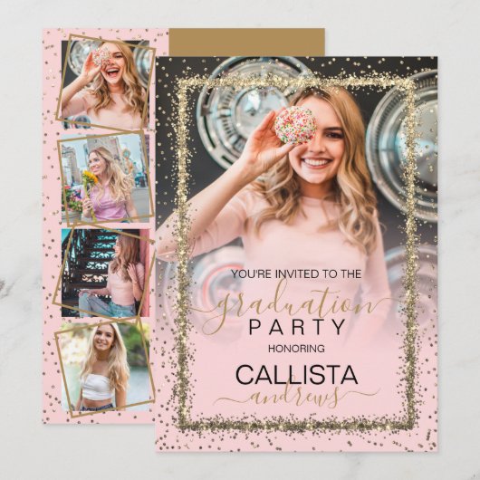 Invitation Glam Pink Gold Confetti Bordure photo Graduation (Devant / Derrière)