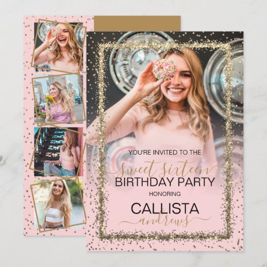 Invitation Glam Pink Gold Confetti Bordure Photo Sweet 16 (Devant / Derrière)