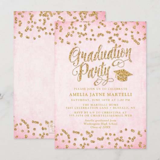 Invitation Glam Pink & Gold Parties scintillant Graduation Pa (Devant / Derrière)