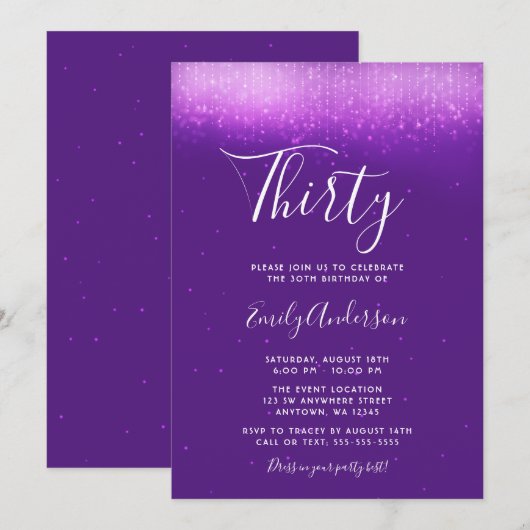 Invitation Glam Purple 30e anniversaire (Devant / Derrière)