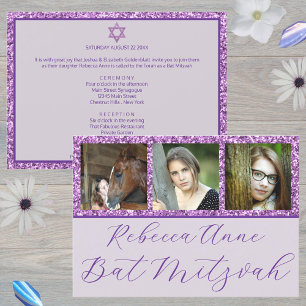 Invitation Glam Purple Élégant Script 3 Bat mitzvah photo