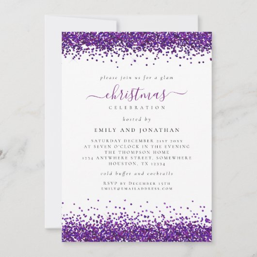 Invitation Glam Purple Parties scintillant Noël Blanc (Devant)