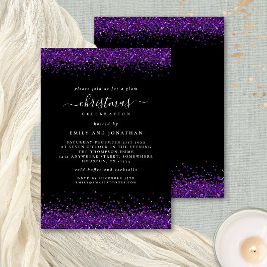 Invitation Glam Purple Parties scintillant Noël Noir