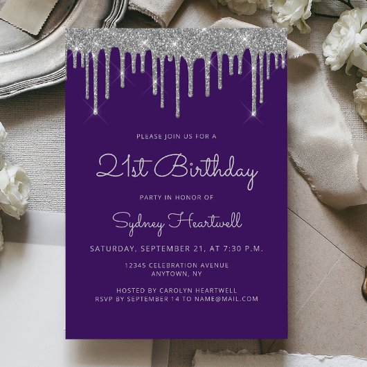Invitation Glam Purple Silver Parties scintillant Drip 21e an
