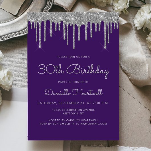 Invitation Glam Purple Silver Parties scintillant Drip 30e an