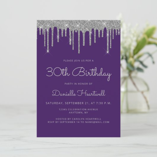Invitation Glam Purple Silver Parties scintillant Drip 30e an (Debout devant)
