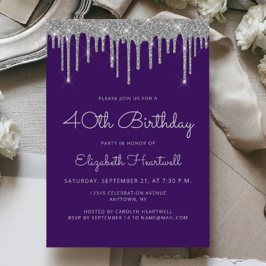 Invitation Glam Purple Silver Parties scintillant Drip 40e an