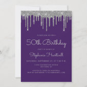 Invitation Glam Purple Silver Parties scintillant Drip 50e an (Devant)