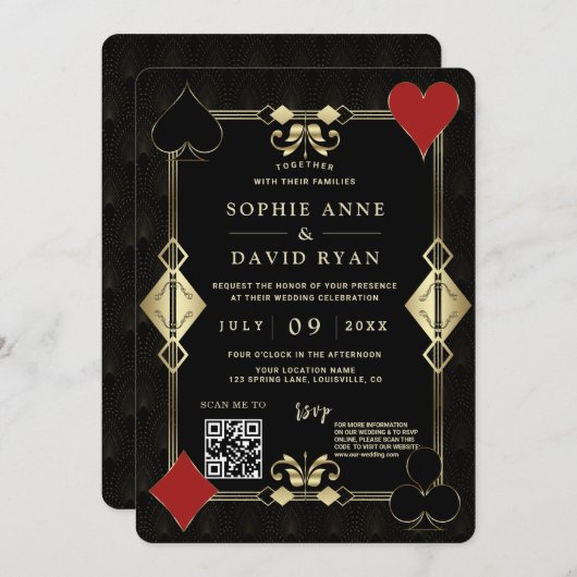 Invitation Glam QR Code Roaring 20s Gold Art Déco Mariage (Devant / Derrière)