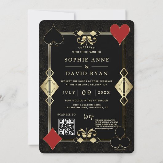 Invitation Glam QR Code Roaring 20s Gold Art Déco Mariage (Devant)