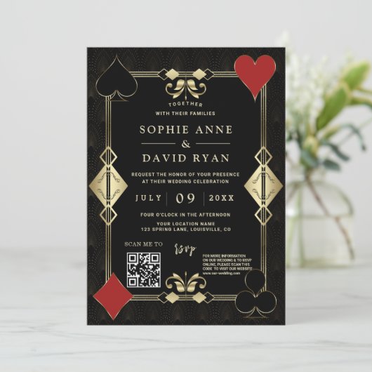 Invitation Glam QR Code Roaring 20s Gold Art Déco Mariage (Debout devant)