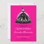 Invitation Glam Quinceañera noir et rose (Devant)