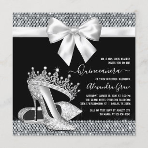 Invitation Glam Quinceanera, Shoe Tiara, noir blanc diamant