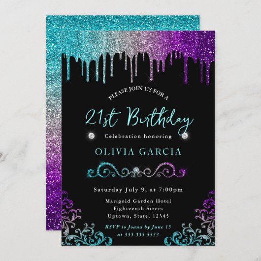 Invitation Glam Rainbow Parties scintillant 21e anniversaire (Devant / Derrière)