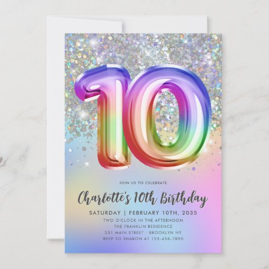 Invitation Glam Rainbow Parties scintillant Foil Balloon 10e  (Devant)