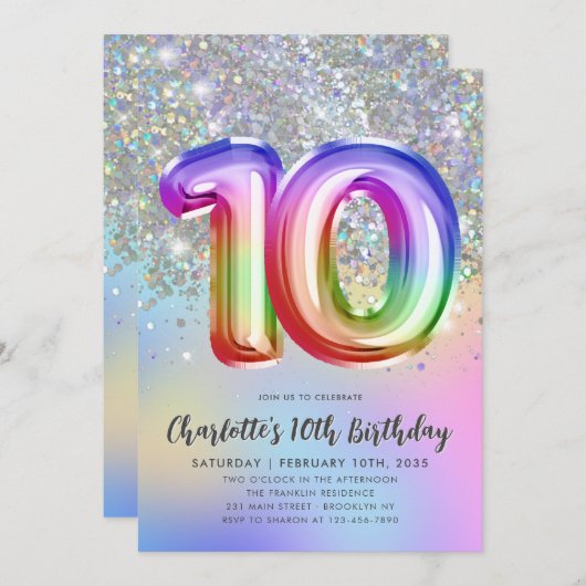Invitation Glam Rainbow Parties scintillant Foil Balloon 10e  (Devant / Derrière)