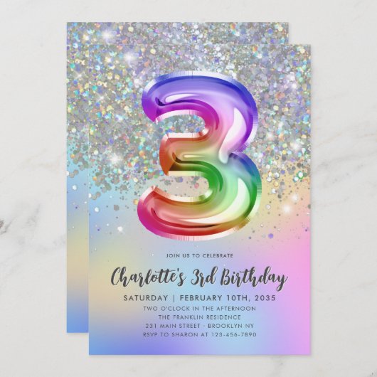 Invitation Glam Rainbow Parties scintillant Foil Pastel Girl (Devant / Derrière)