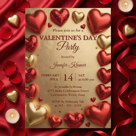 Invitation Glam Red and Gold 3D Hearts Valentine's Day Party
