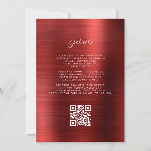 Invitation Glam Red Brushed Metal QR Code Wedding (Dos)