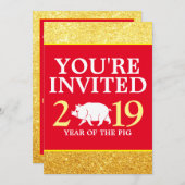 Invitation Glam Red Gold Parties scintillant Chinois Nouvel A (Devant / Derrière)