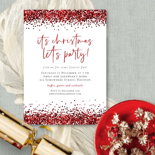 Invitation Glam Red Parties scintillant Noël Lets Party