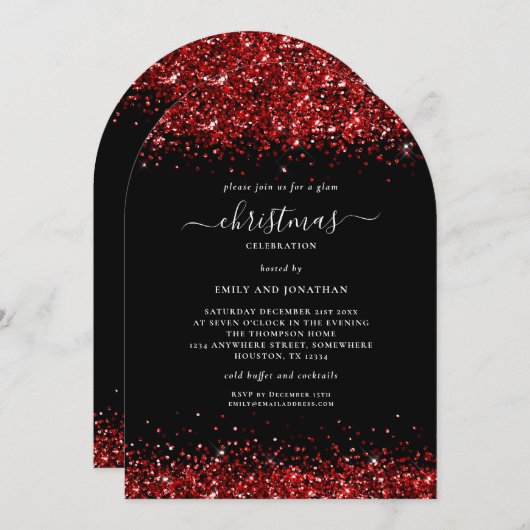 Invitation Glam Red Parties scintillant Noël Party Black Arch (Devant / Derrière)