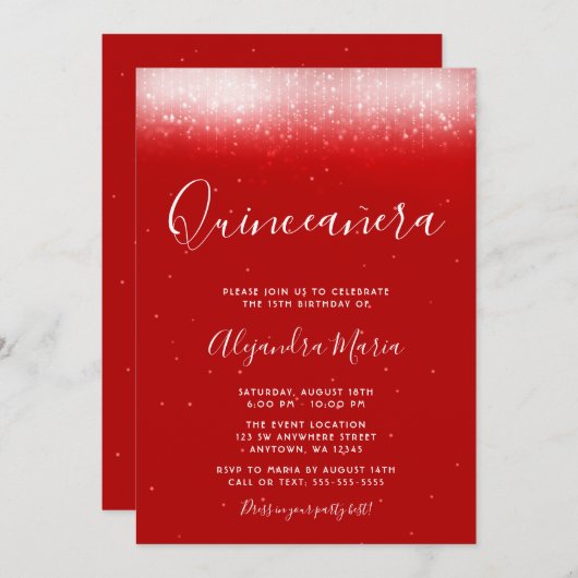 Invitation Glam Red Quinceañera (Devant / Derrière)
